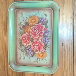 Vintage Floral Flower Metal Tray with Avocado Green Border 1970s Retro Boho
